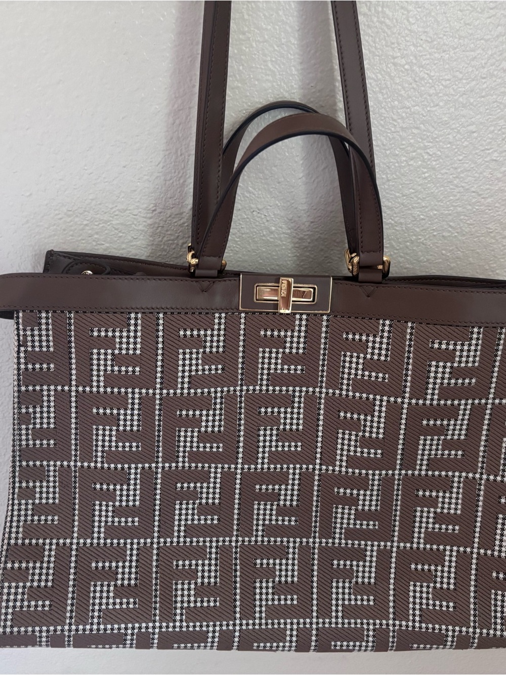 Fendi Brown and Cream Logo Tote with Gold Hardware